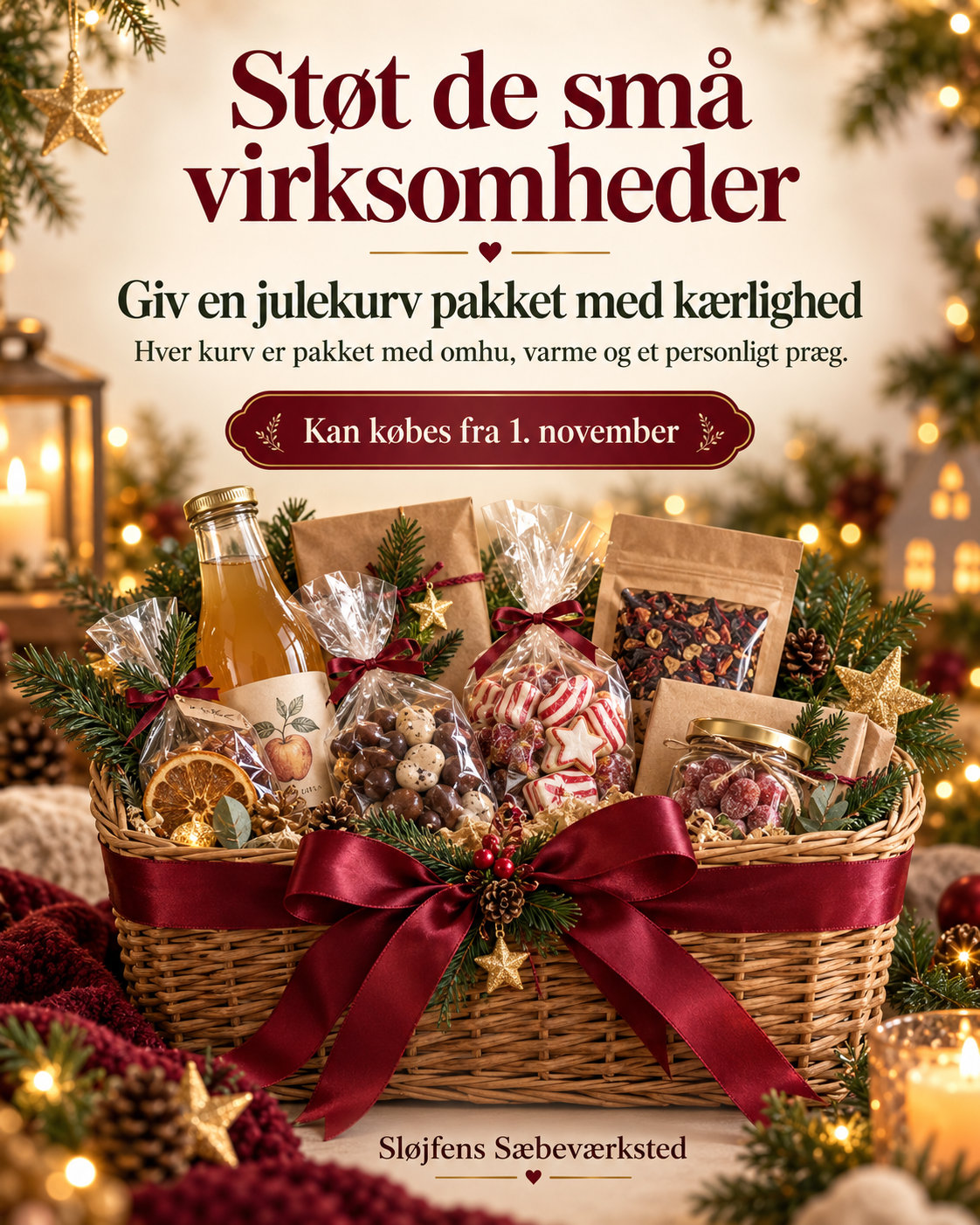 Støt de små virksomheder — giv en julekurv pakket med kærlighed. Kan købes fra 1. november.